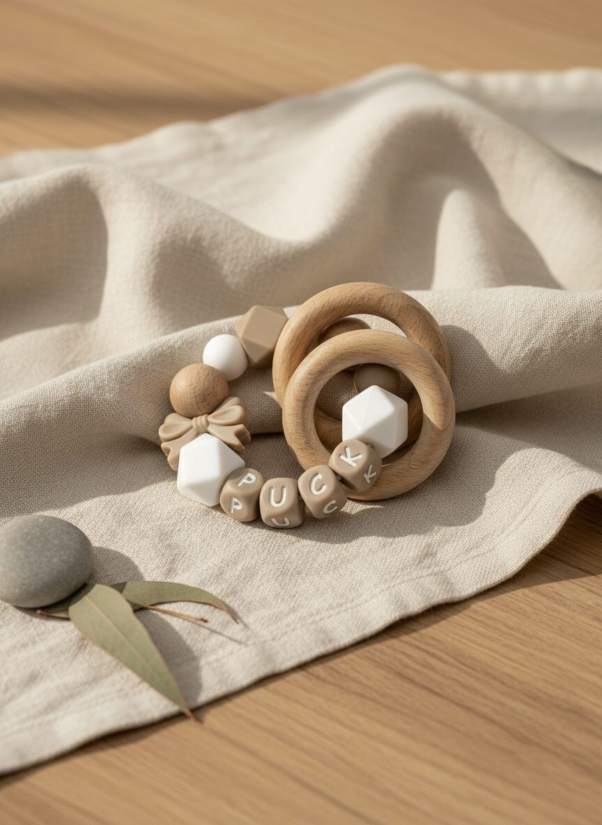 Bijtring met naam | Strik beige