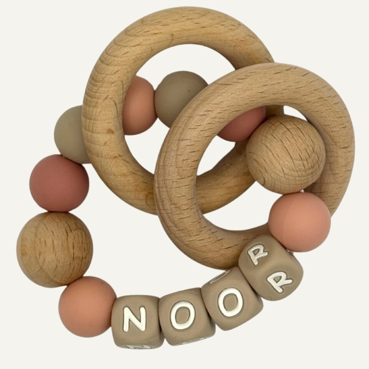 Bijtring met naam | Roze en hout