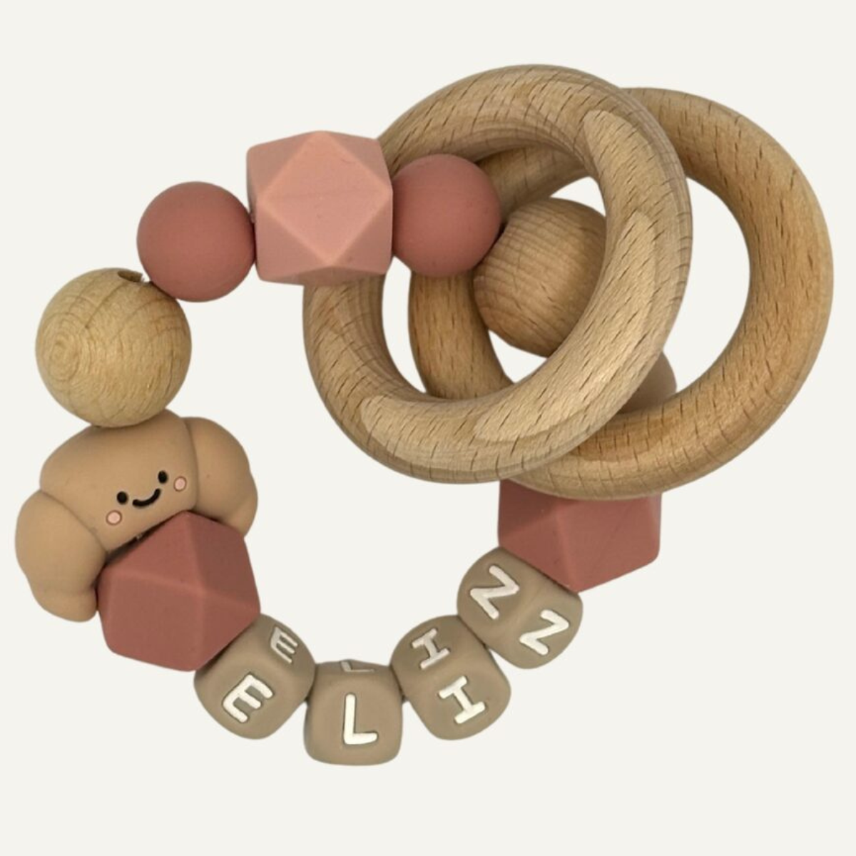 Bijtring met naam | Croissant | Roze| Naturel