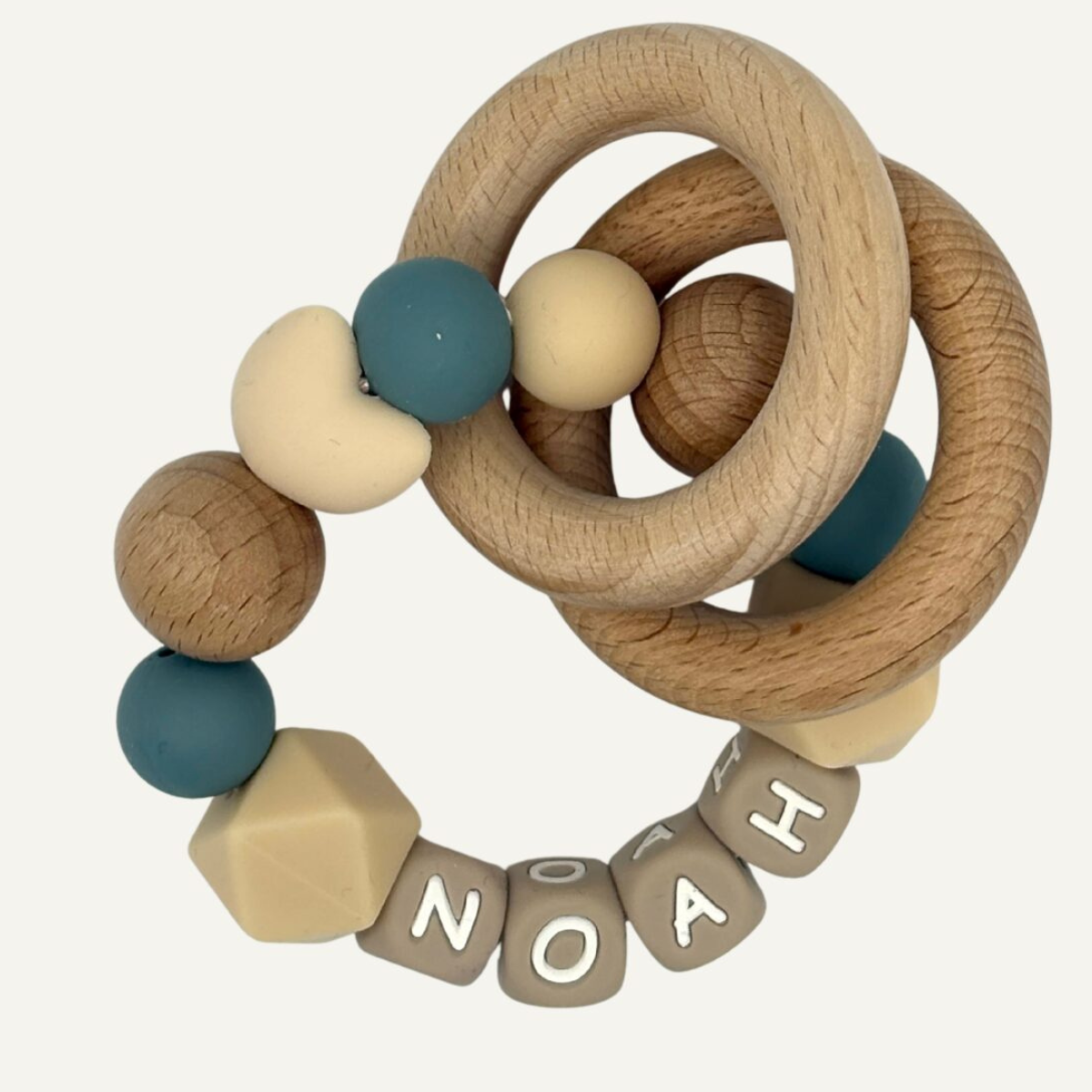 Bijtring met naam | Hartje | Naturel en blauw