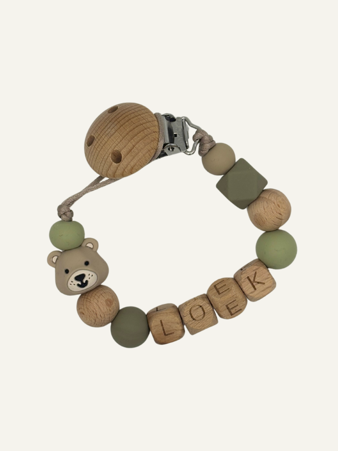 Speenkoord met naam Beer Beige Groen