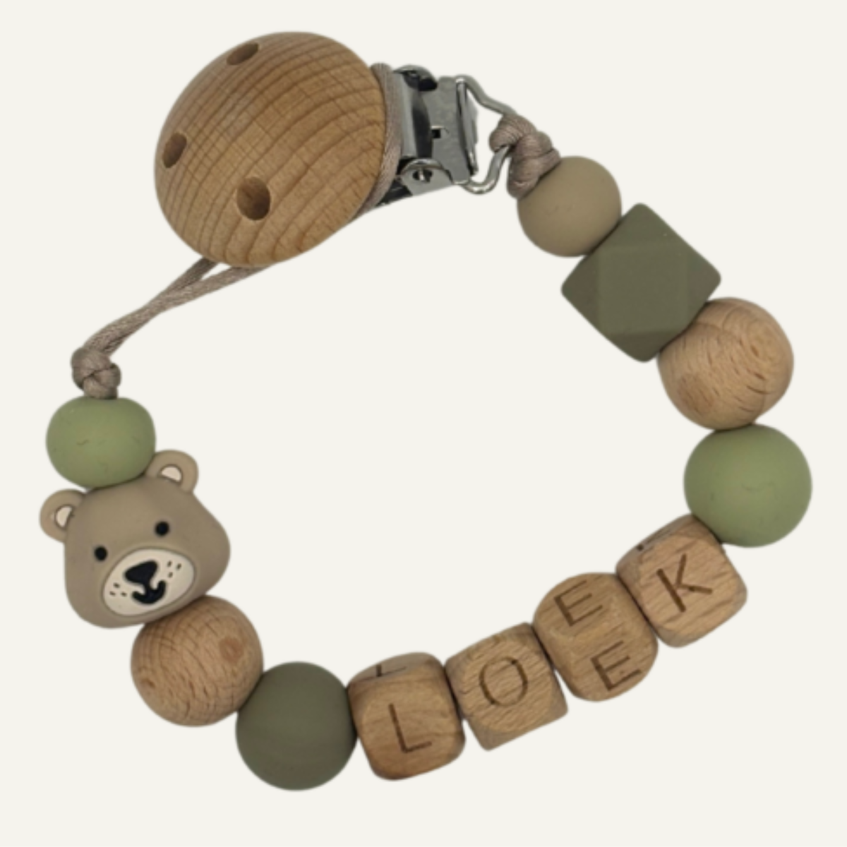Speenkoord met naam Beer Beige Groen